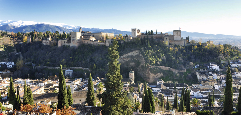 Panoramic views of Granada with the Alhambra and Sierra Nevada